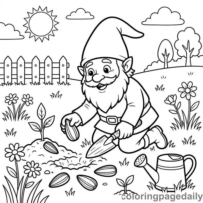 Gnome Planting Sunflower Seeds - Daily printable coloring page in Mythical Creature category
