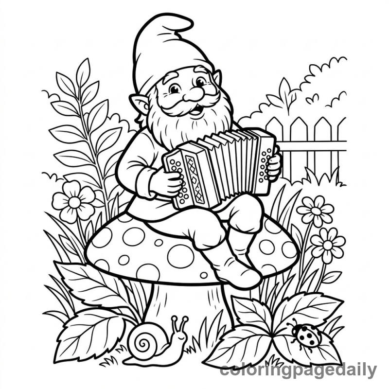 Gnome Playing Accordion - Daily printable coloring page in Mythical Creature category
