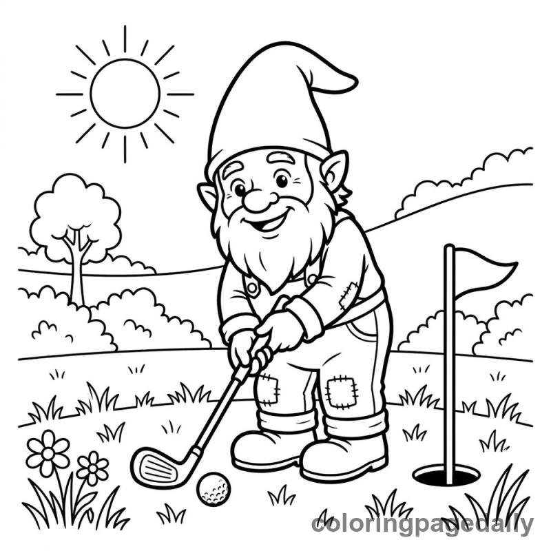 Gnome Playing Golf - Daily printable coloring page in Mythical Creature category