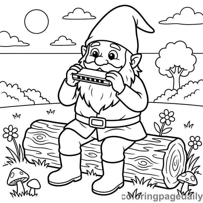 Gnome Playing Harmonica - Daily printable coloring page in Mythical Creature category