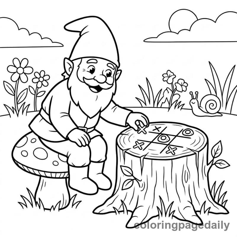 Gnome Playing Tic-Tac-Toe - Daily printable coloring page in Mythical Creature category