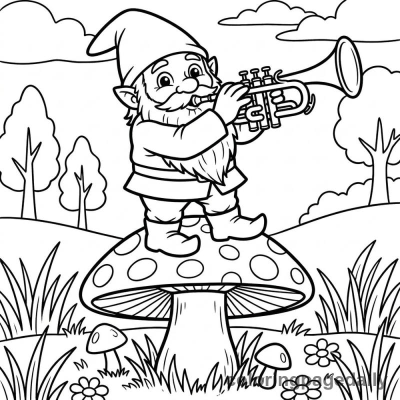 Gnome Playing Trumpet - Daily printable coloring page in Mythical Creature category