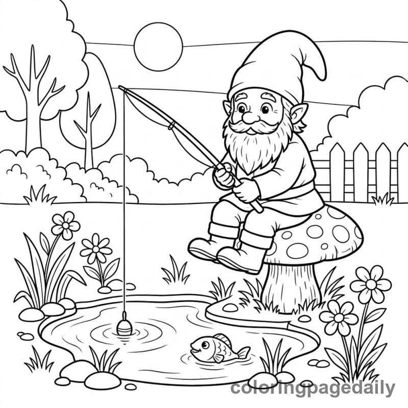 Gnome's Puddle Fishing - Daily printable coloring page in Mythical Creature category