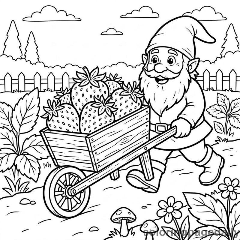 Gnome Pushing Strawberry Wheelbarrow - Daily printable coloring page in Mythical Creature category