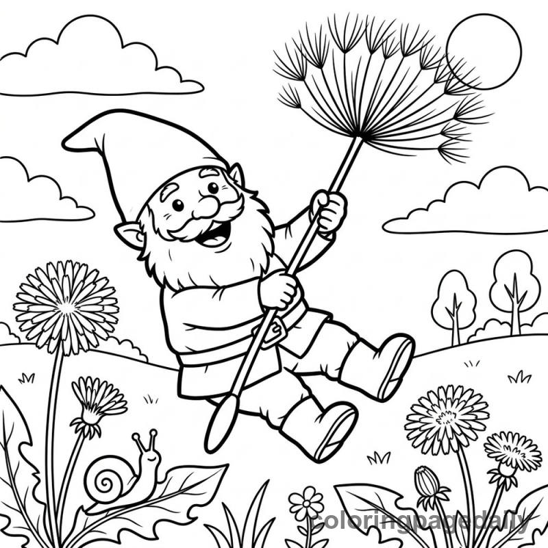 Gnome Riding a Dandelion Seed - Daily printable coloring page in Mythical Creature category