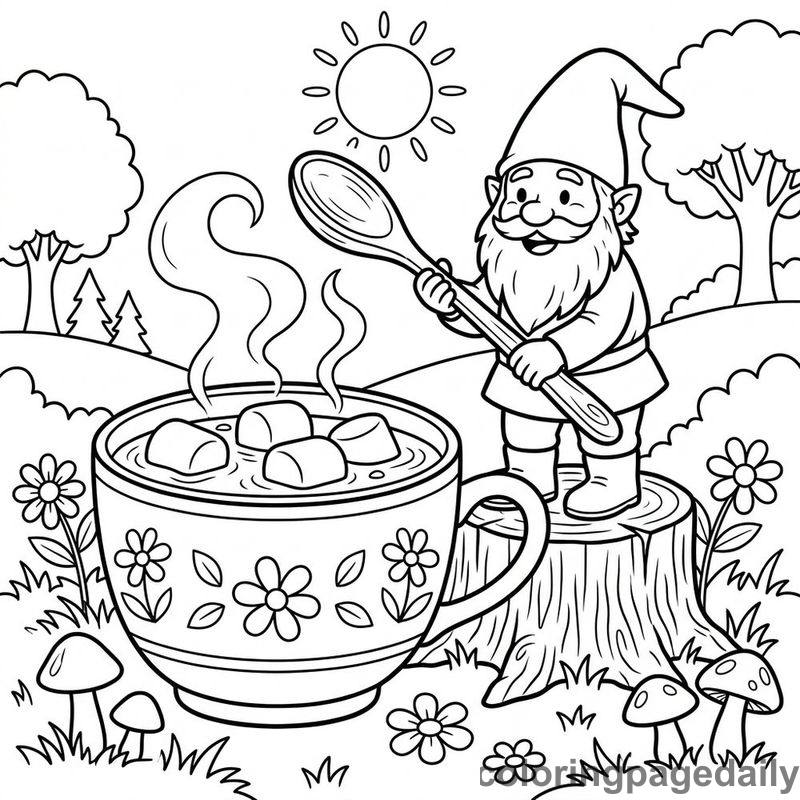 Gnome Stirring Giant Hot Cocoa - Daily printable coloring page in Mythical Creature category
