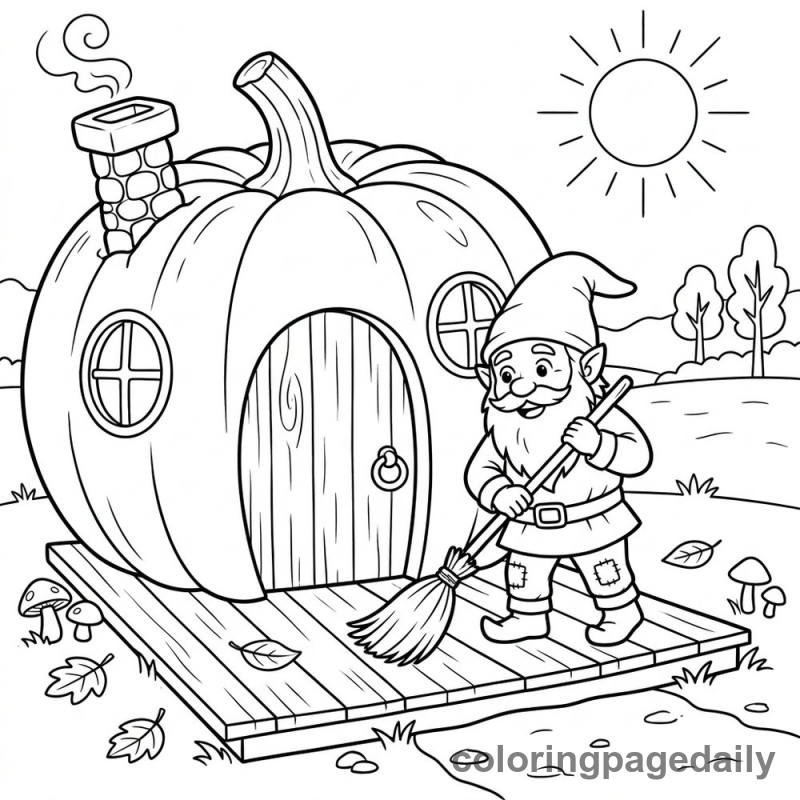 Gnome Sweeping Pumpkin House - Daily printable coloring page in Mythical Creature category