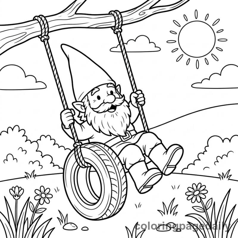Gnome Tire Swing - Daily printable coloring page in Mythical Creature category