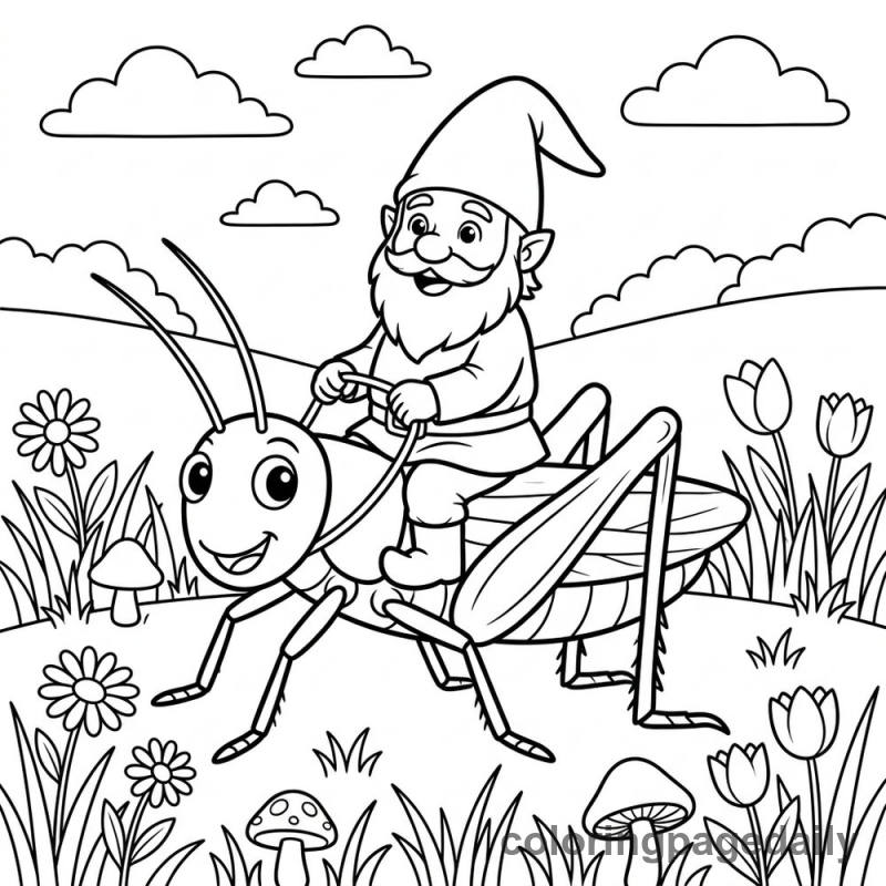 Gnome's Grasshopper Ride - Daily printable coloring page in Mythical Creature category