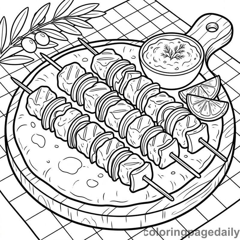 Greek Chicken Souvlaki Platter - Daily printable coloring page in Food category