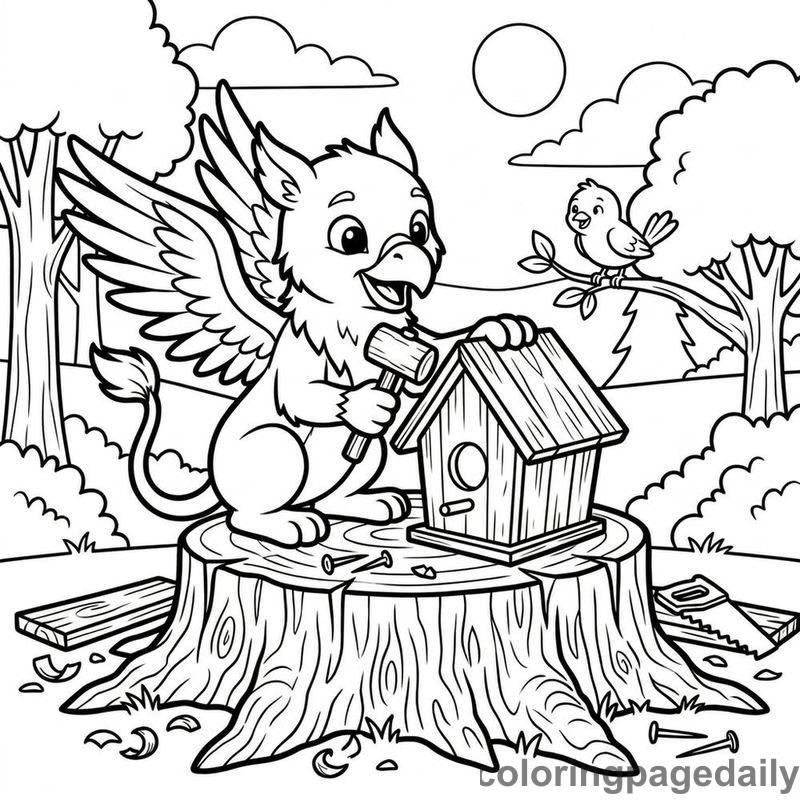 Griffin Building A Birdhouse - Daily printable coloring page in Mythical Creature category