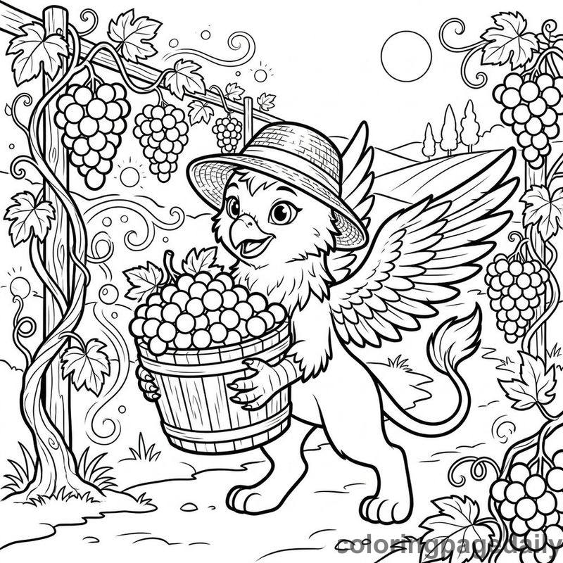Griffin Harvesting Magical Grapes - Daily printable coloring page in Mythical Creature category