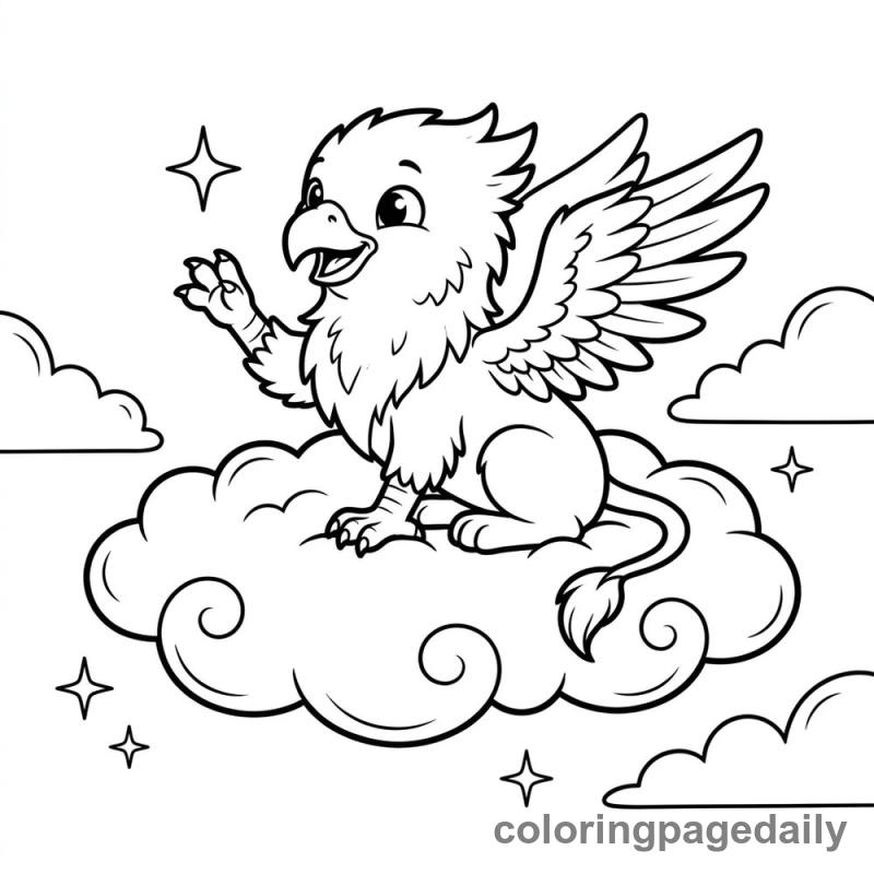 Griffin on a Fluffy Cloud - Daily printable coloring page in Mythical Creature category