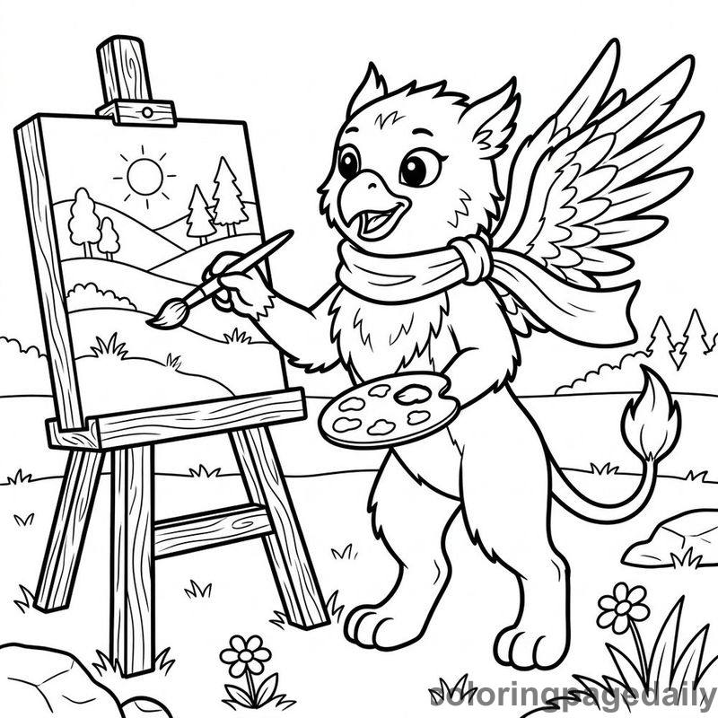 Griffin Painting A Landscape - Daily printable coloring page in Mythical Creature category