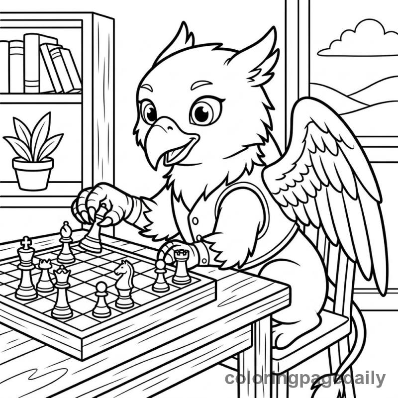 Griffin Playing Chess - Daily printable coloring page in Mythical Creature category
