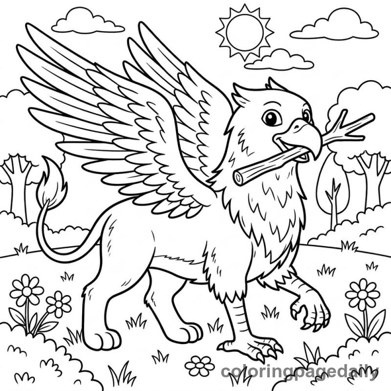 Griffin Playing Fetch - Daily printable coloring page in Mythical Creature category