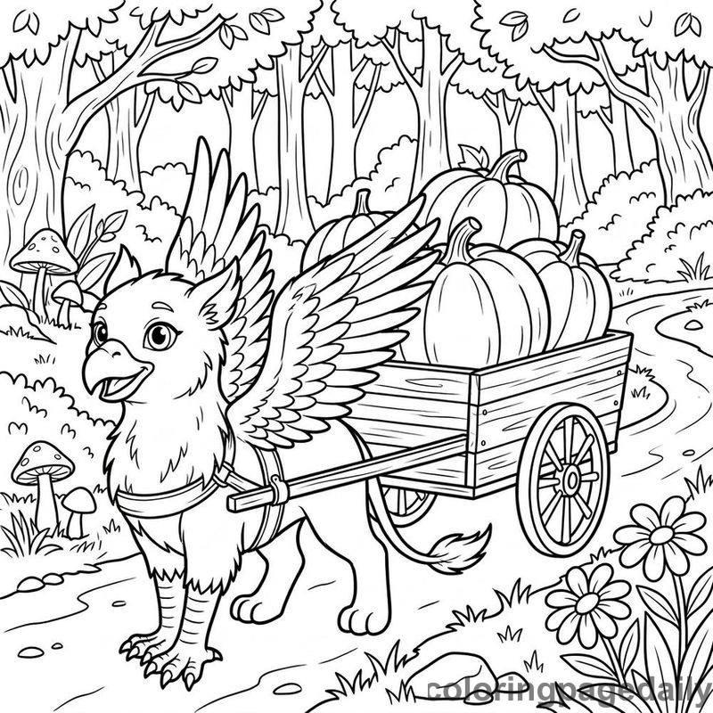 Griffin Pulling Pumpkin Wagon - Daily printable coloring page in Mythical Creature category