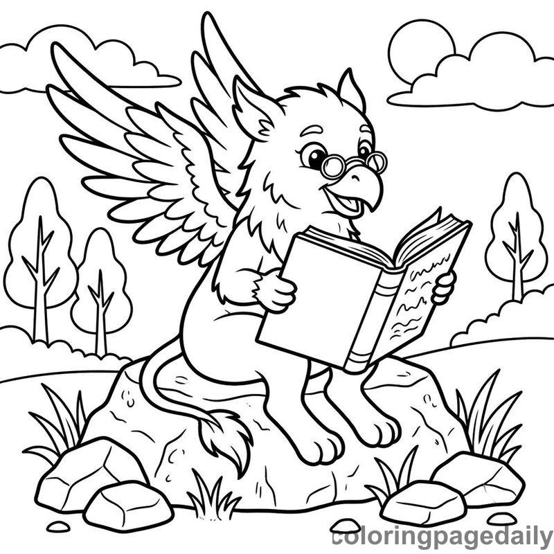 Griffin Reading Book - Daily printable coloring page in Mythical Creature category
