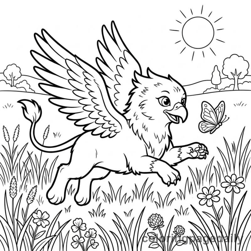 Griffin's Butterfly Chase - Daily printable coloring page in Mythical Creature category