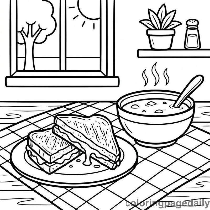 Grilled Cheese And Tomato Soup - Daily printable coloring page in Food category
