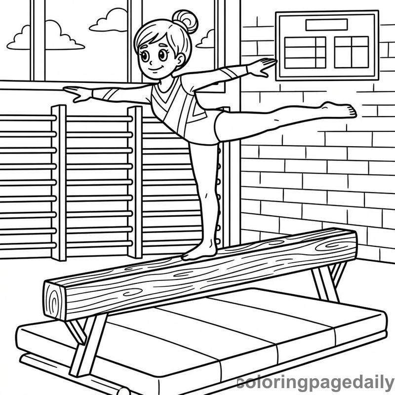 Gymnast Balancing On Beam - Daily printable coloring page in Sports category