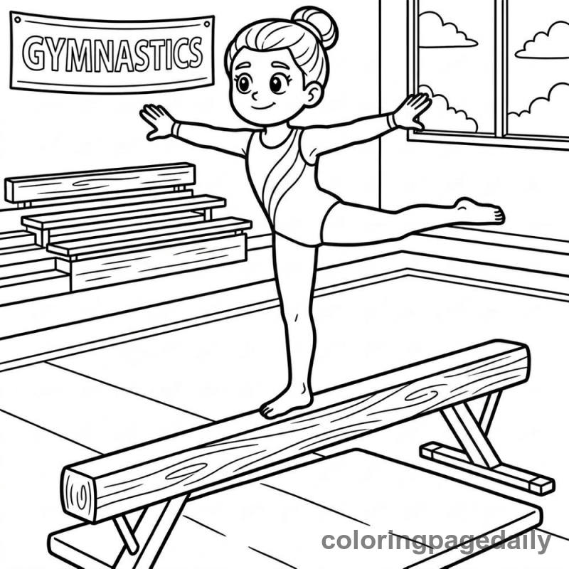 Gymnast On Balance Beam - Daily printable coloring page in Sports category