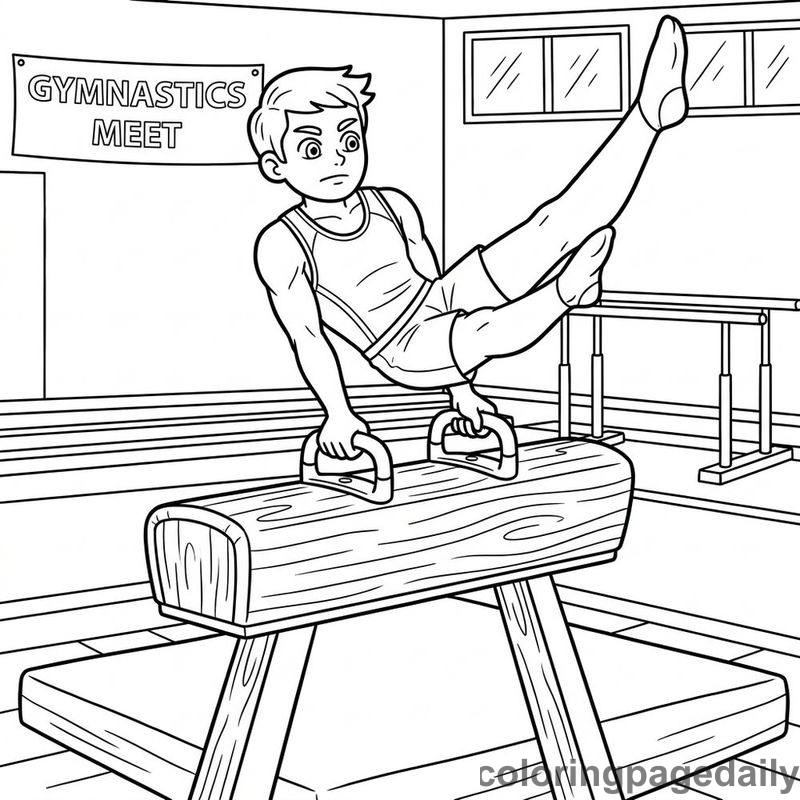 Gymnast Pommel Horse Routine - Daily printable coloring page in Sports category