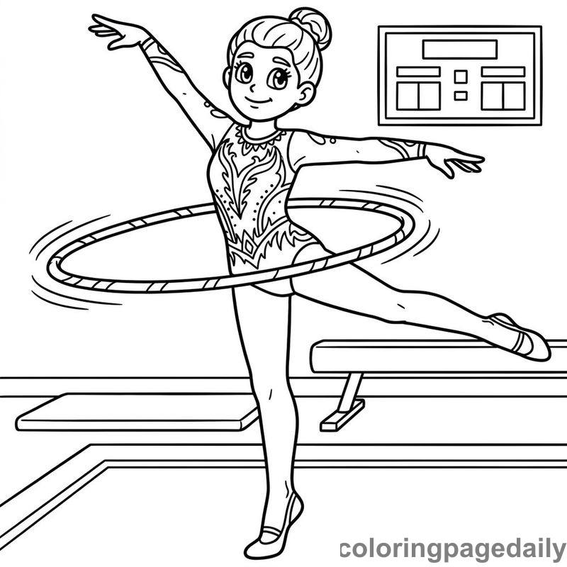 Gymnast Spinning Hula Hoop - Daily printable coloring page in Sports category