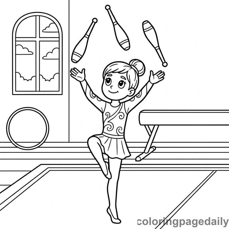 Gymnast Tossing Juggling Clubs - Daily printable coloring page in Sports category