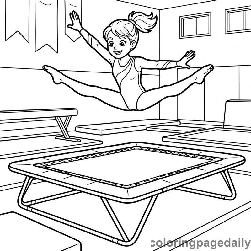 Gymnast Trampoline Split Jump - Daily printable coloring page in Sports category