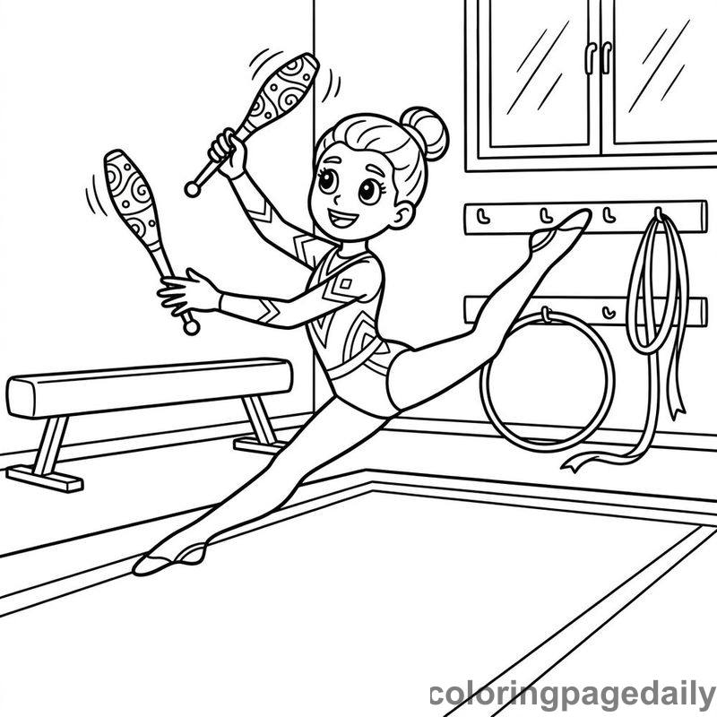 Gymnast Twirling Juggling Clubs - Daily printable coloring page in Sports category
