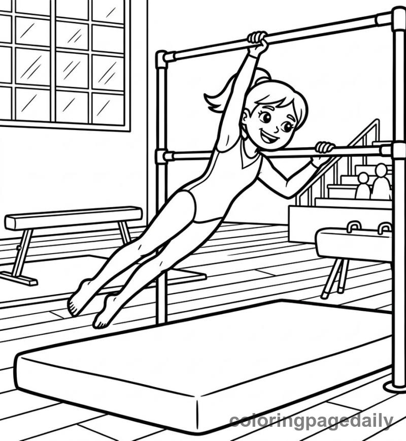 Gymnast Uneven Bars - Daily printable coloring page in Sports category