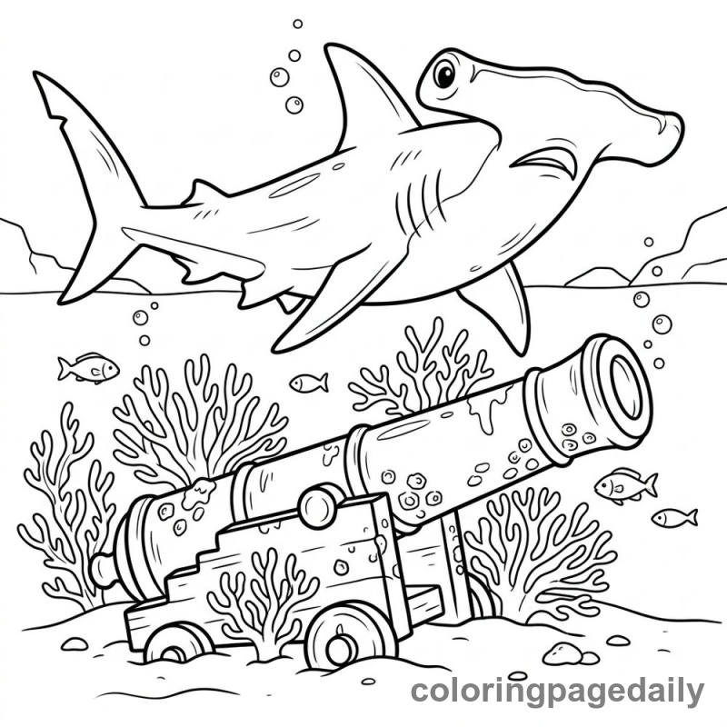 Hammerhead Shark Exploring Cannon - Daily printable coloring page in Ocean and Underwater Life category