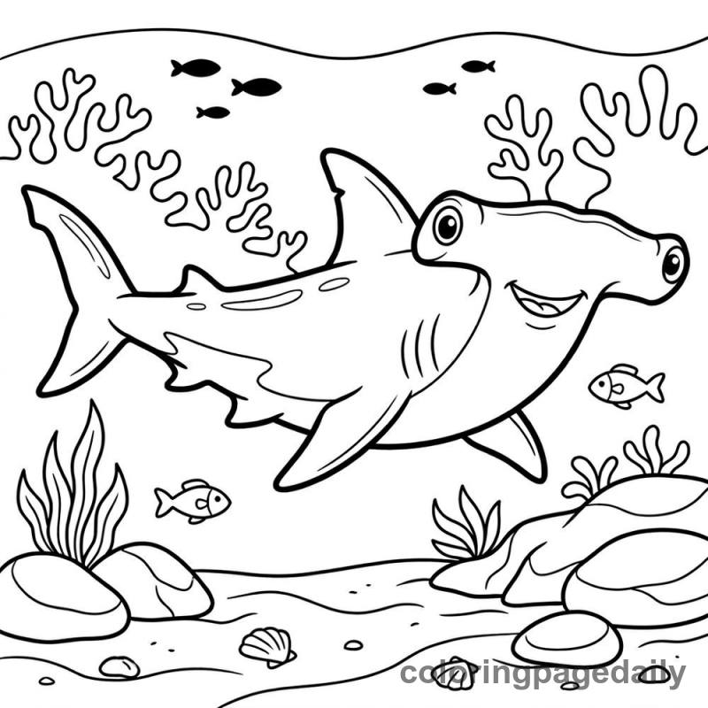 Hammerhead Shark Swimming - Daily printable coloring page in Ocean and Underwater Life category