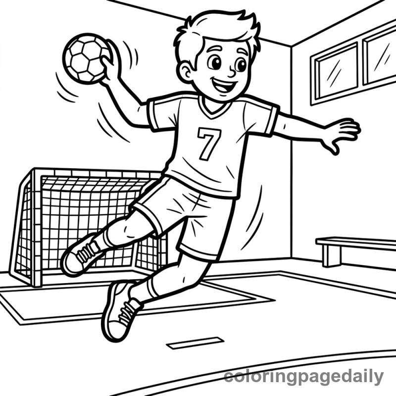 Handball Player Jumping - Daily printable coloring page in Sports category