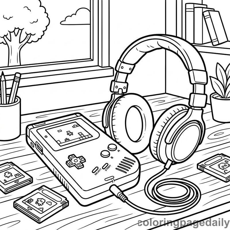 Handheld Console And Headphones - Daily printable coloring page in Video Games and Pixel Art category