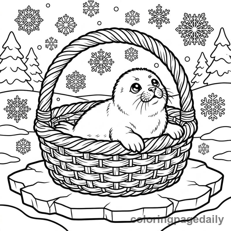 Harp Seal In Winter Basket - Daily printable coloring page in Winter and Snow Season category