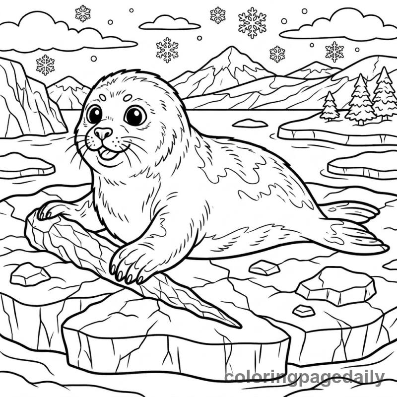 Harp Seal Playing With Icicle - Daily printable coloring page in Winter and Snow Season category