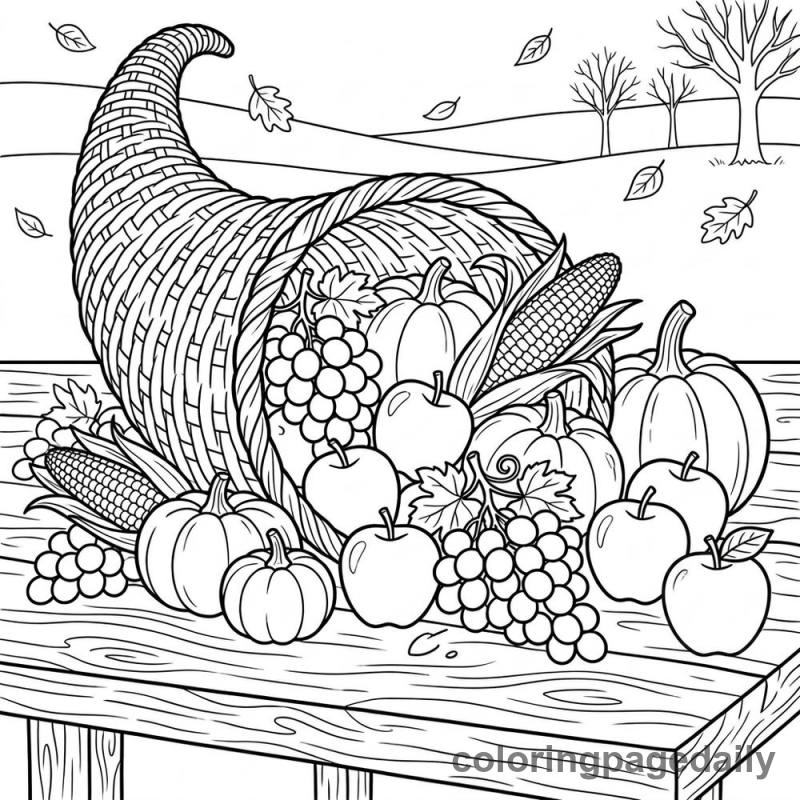 Harvest Cornucopia Fruit - Daily printable coloring page in Thanksgiving category