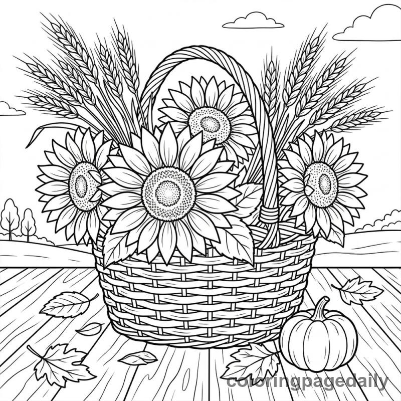 Harvest Sunflower Basket - Daily printable coloring page in Thanksgiving category