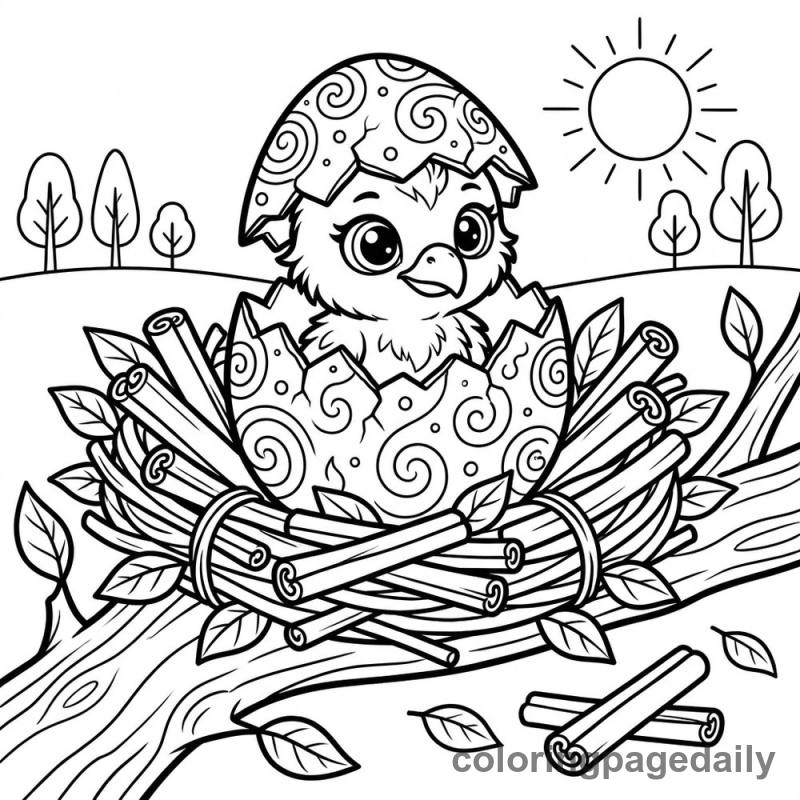 Hatching Phoenix Chick - Daily printable coloring page in Mythical Creature category