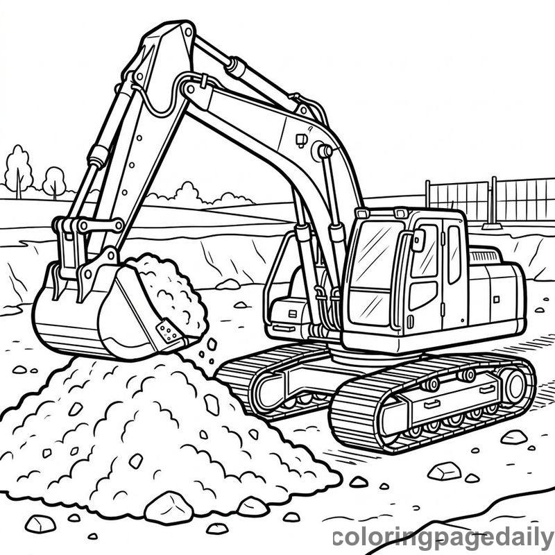 Heavy Construction Excavator Digging - Daily printable coloring page in Vehicle category