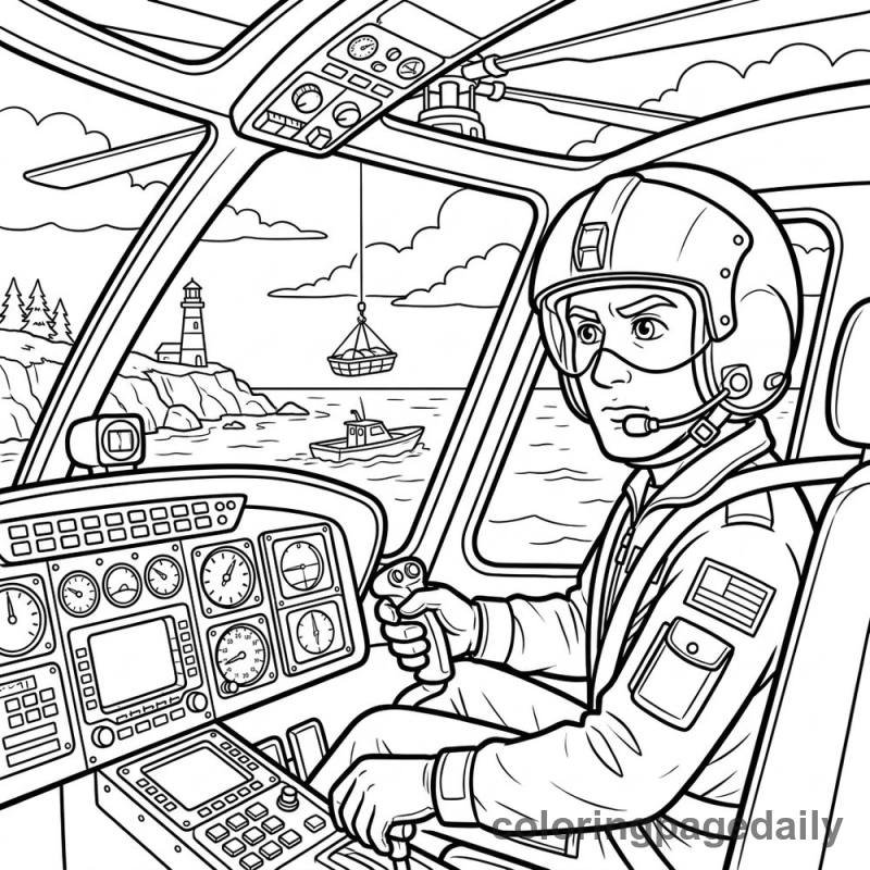 Helicopter Pilot Flying Rescue - Daily printable coloring page in Professions category