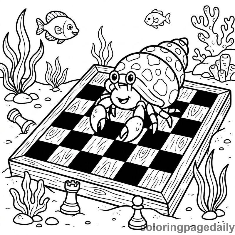 Hermit Crab Chess Board - Daily printable coloring page in Ocean and Underwater Life category