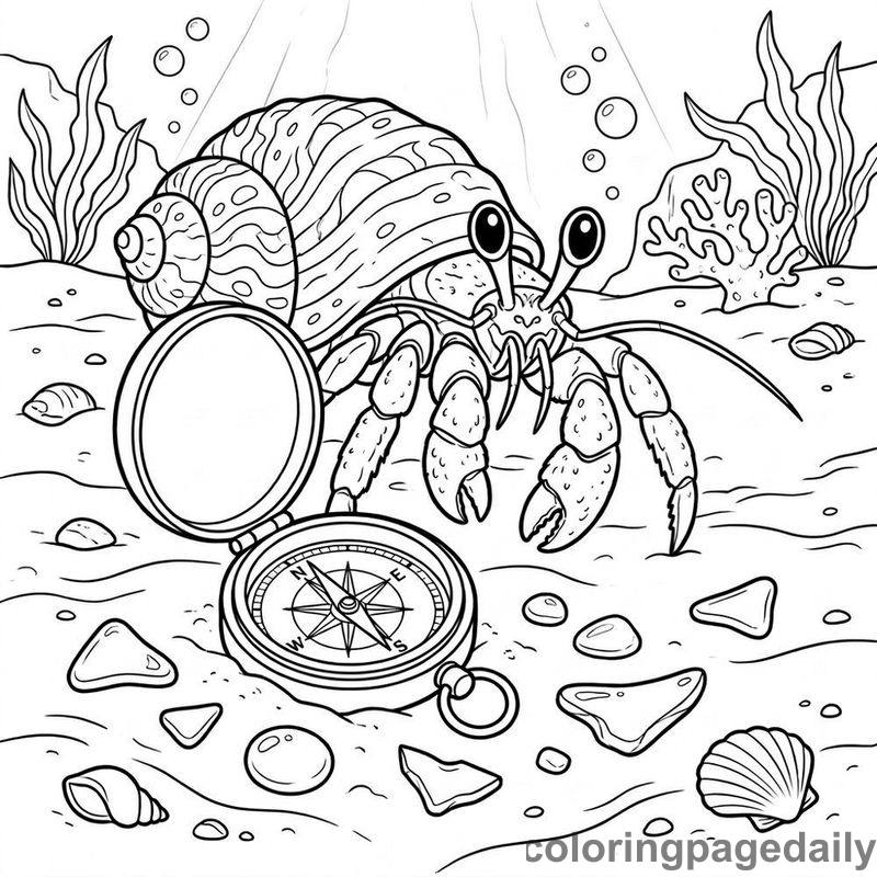 Hermit Crab Exploring Compass - Daily printable coloring page in Ocean and Underwater Life category