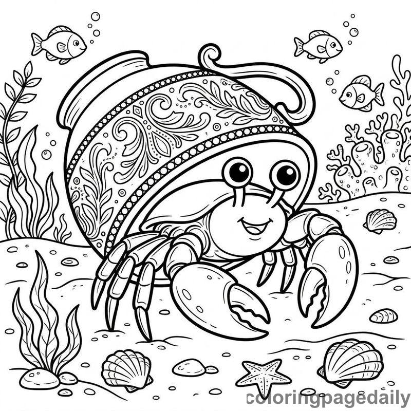 Hermit Crab Teacup Home - Daily printable coloring page in Ocean and Underwater Life category