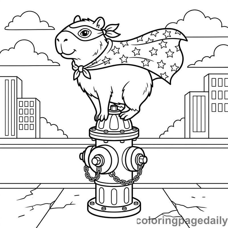 Heroic Capybara On Hydrant - Daily printable coloring page in Superheroes and Action category