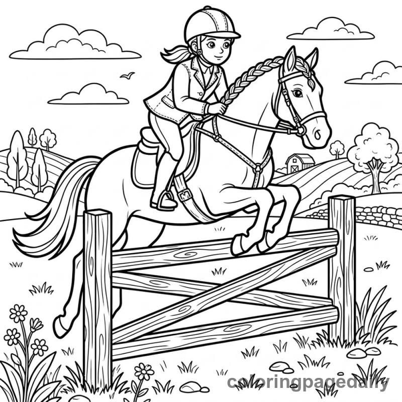 Horseback Jumping - Daily printable coloring page in Sports category
