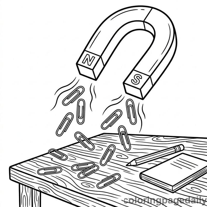 Horseshoe Magnet Pulling Paperclips - Daily printable coloring page in Robots and STEM category