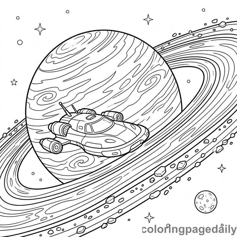 Hovercraft Gliding Over Saturn - Daily printable coloring page in Space category